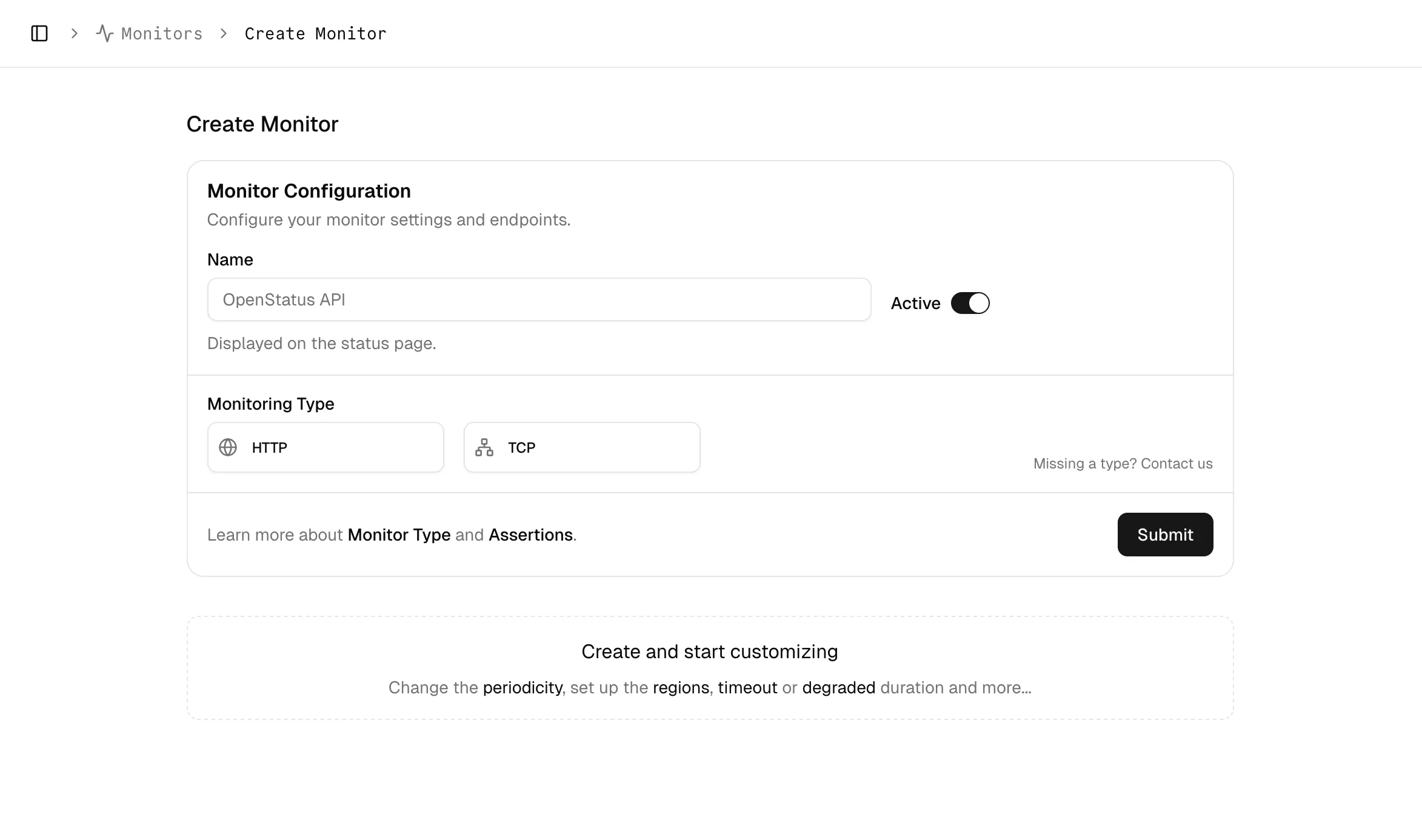 Monitors page showing the Create Monitor button in the sidebar