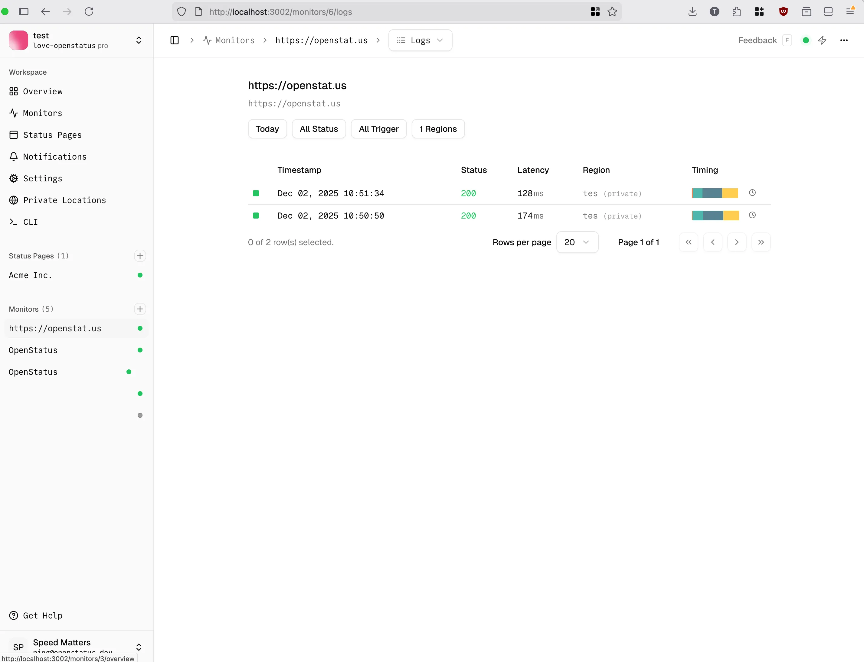 openstatus running locally with self-hosted services